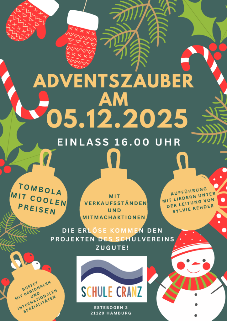 Adventszauber am 05.12.2025  Einlass 16.00 Uhr  Tombola mit coolen Preisen  mit Verkaufsständen und Mitmachaktionen  Aufführung mit Liedern unter der Leitung von Sylvie Rehder  Buffet mit regionalen und internationalen Spezialitäten